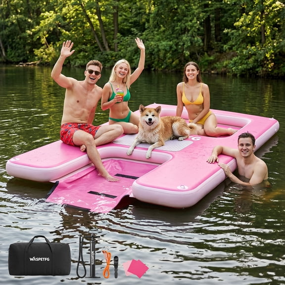 TULILLO 10x6ft Inflatable Floating Dock, Heavy Duty Floating Platform for Adults & Dogs, Non-Slip Lake Float with Mesh Hammock, Cup Holders for Pool, Lake, Boat, Party