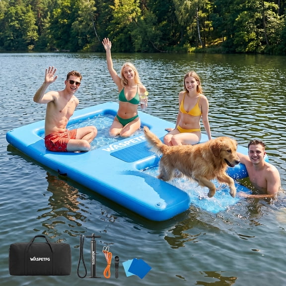 TULILLO 10x6ft Inflatable Floating Dock, Heavy Duty Floating Platform for Adults & Dogs, Non-Slip Lake Float with Mesh Hammock, Cup Holders for Pool, Lake, Boat, Party