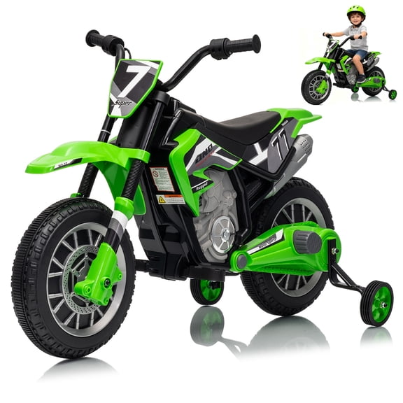 TULILLO 12V Electric Motorcycle for Kids Dirt Bike Ride on Toy Battery Powered Off-Road Motorbike w/ Training Wheels, High/Low Speeds, Built-in Music, Green