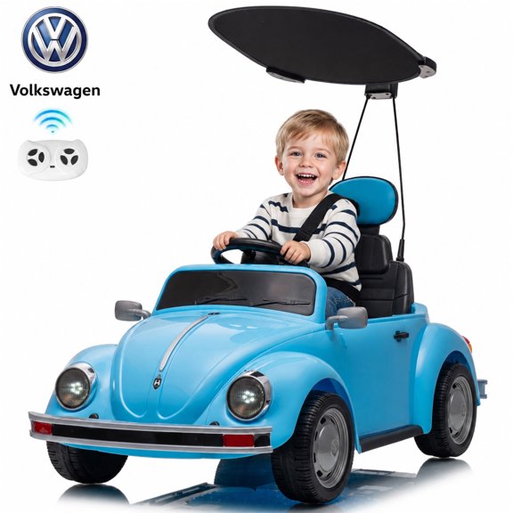 TULILLO 12V Kids Ride On Car Licensed Volkswagen Beetle with Remote Control & Music, Blue