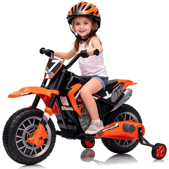 TULILLO 12V Kids Ride On Motorcycle Dirt Bike with High/Low Speeds,Training Wheels, Spring Suspension, Orange