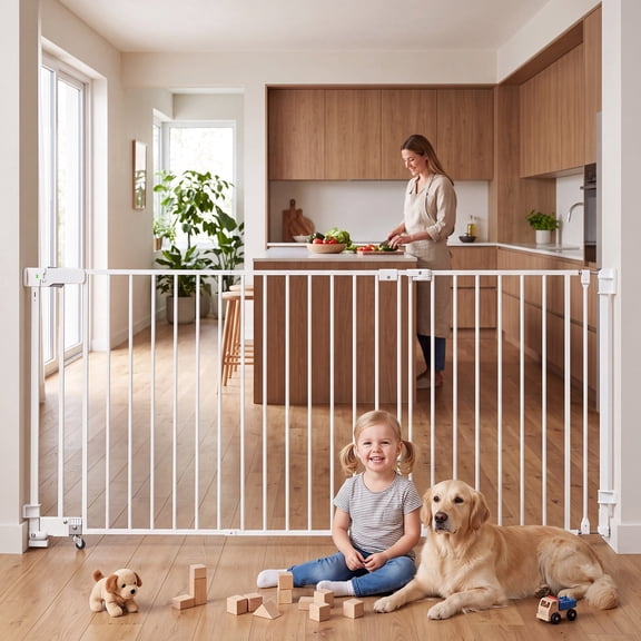 TULILLO 30in Extra Tall Baby Safety Gate, 45-62in Extra Wide Metal Dog Gates for Stair and Doorways, Drill Needed, White