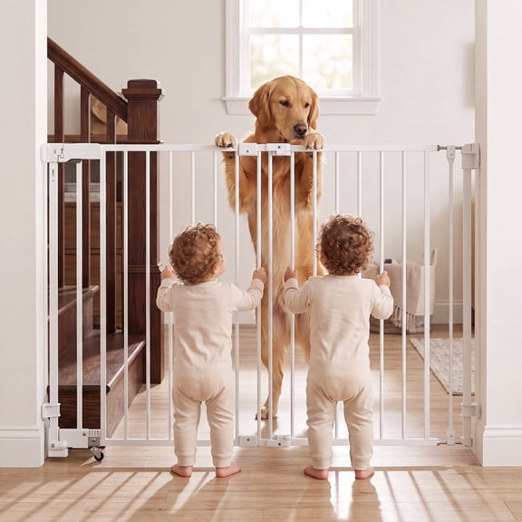 TULILLO 36in Extra Tall Baby Safety Gate, 2 Pack 29-45in Extra Wide Metal Dog Gates for Stair and Doorways, Drill Needed, White