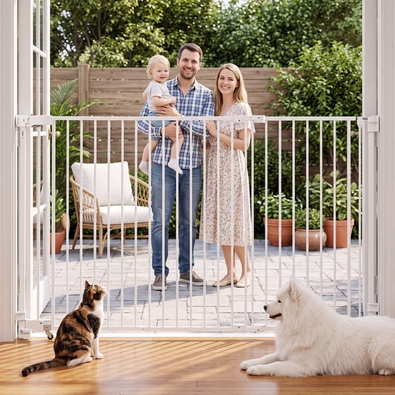 TULILLO 36in Extra Tall Baby Safety Gate, 45-62in Extra Wide Metal Dog Gates for Stair and Doorways, Drill Needed, White