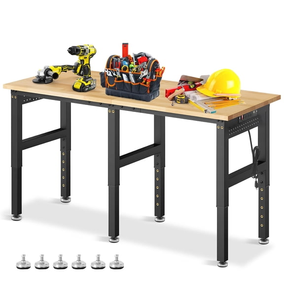 TULILLO 72" Heavy Duty Work Bench, 5000 LBS Capacity Adjustable Workbench with Power Outlet & Pegboard, Rubber Wood Work Table for Garage, Workshop, Office
