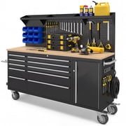 TULILLO 72 inch Tool Chest, 11-Drawer Rolling Tool Chest with Desktop & Lockable for Garage, Heavy-Duty with Power Strip, Pegboard, Light Strip, Locking