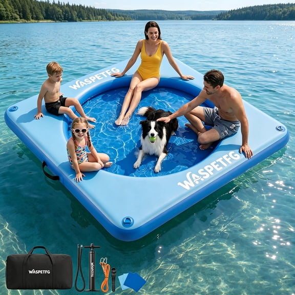 TULILLO 8ft Water Hammock Floats for Adults, Floating Hammock for Lake, Round Float Ring Inflatable Dock Platform with Mesh, Water Raft Island for Party, Blue