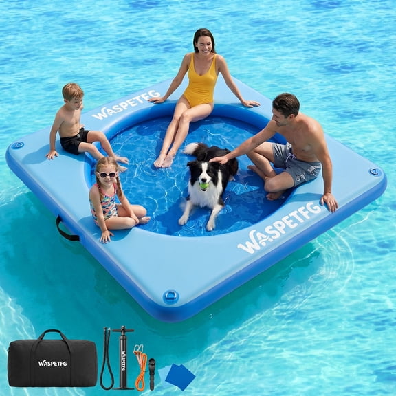 TULILLO 8ft Water Hammock Floats for Adults, Floating Hammock for Lake, Round Float Ring Inflatable Dock Platform with Mesh, Water Raft Island for Party, Blue