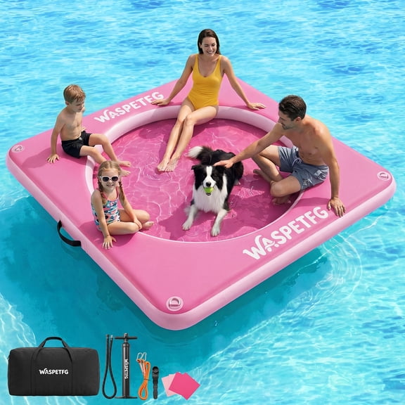 TULILLO 8ft Water Hammock Floats for Adults, Floating Hammock for Lake, Round Float Ring Inflatable Dock Platform with Mesh, Water Raft Island for Party, Pink