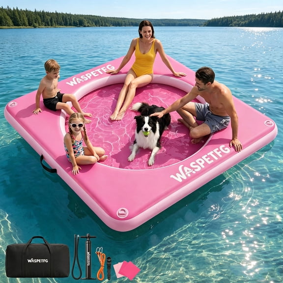 TULILLO 8ft Water Hammock Floats for Adults, Floating Hammock for Lake, Round Float Ring Inflatable Dock Platform with Mesh, Water Raft Island for Party, Pink