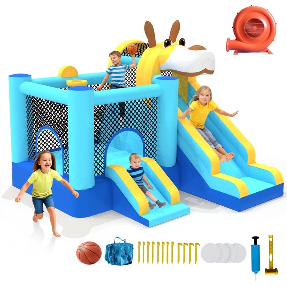 TULILLO Inflatable Bounce House Kids Jumping Playhouse Indoor & Outdoor With 450W Blower, Double Slide, Blue