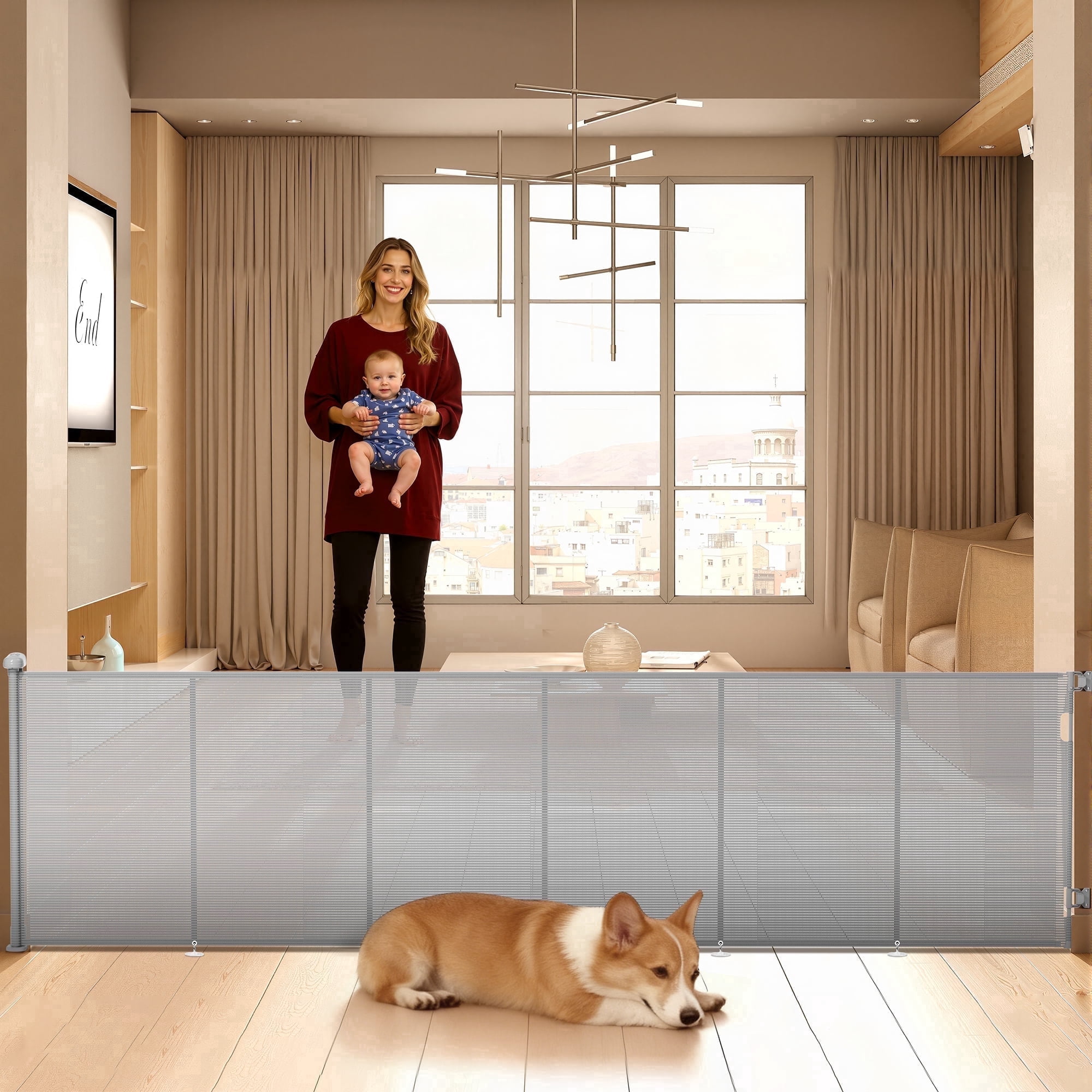 TULILLO Retractable Baby Gate 200" Extra Wide, 42in Tall, Double Lock, Retractable Dog Gate for Doorways Stairs Hallways Indoor and Outdoor, Gray