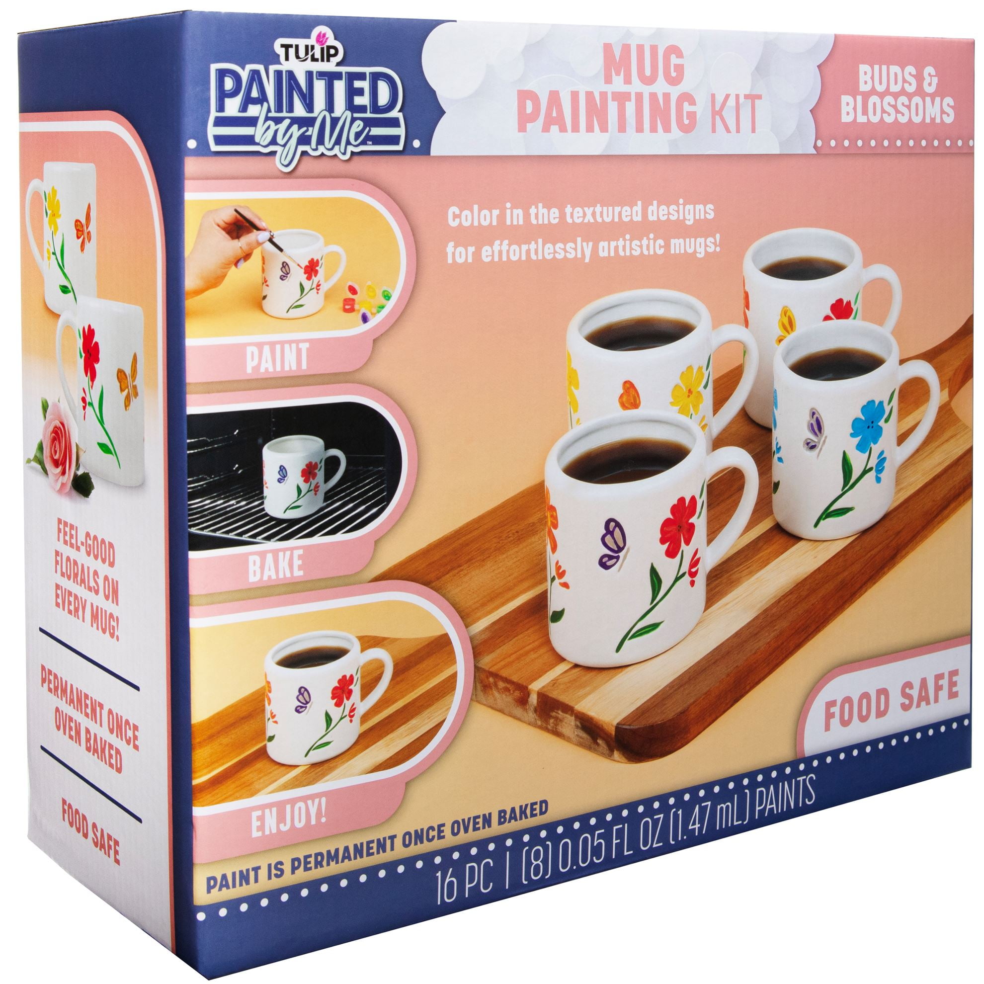 TULIP Painted by Me All-in-One Paint and Bake Ceramic 4 Mug Set with Flower  Designs, Easy Craft Kit, Includes 4 Mugs, 8 Rainbow Paints, 4 Brushes,  Ceramic Studio Quality when oven baked