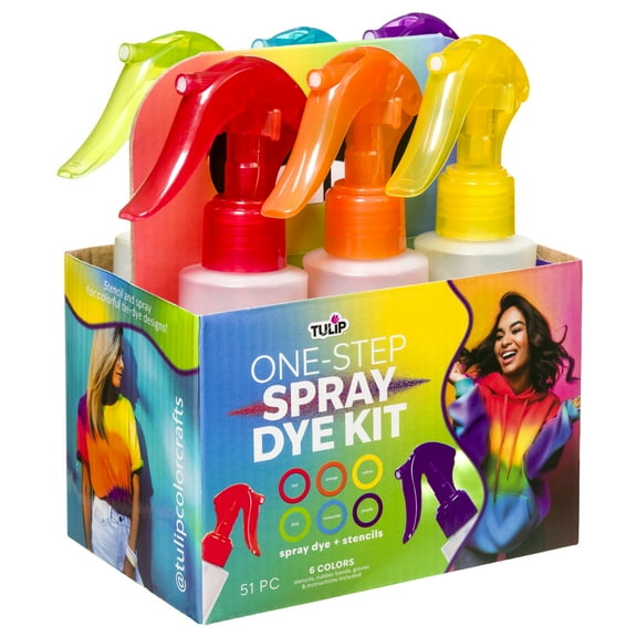 Tulip One-Step Spray Dye Kit, Easy Application with 6 Colors & 4 Stencils Included, Pre-Filled Powder in Bottles Party Activity, Outdoor Fun, Birthday Gift, Create Permanent Designs on Fabric, 51 Pcs