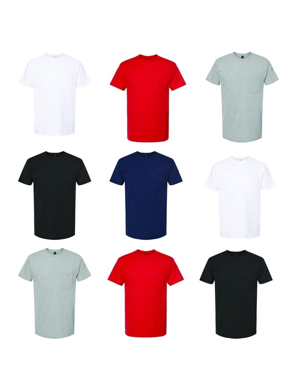 Pocket Crew Neck T-Shirt | Pack of 9 for Men- Short Sleeve | Heavyweight Jersey Tees| Mix Colors| Bulk T Shirts| Size: L