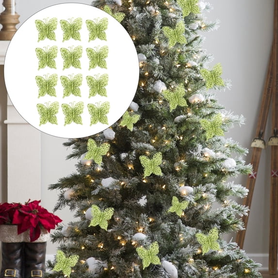TULUDA 12 Pcs Glitter Christmas Tree Butterfly Ornaments, 2 Color Artificial Butterfly Ornaments Decoration, Hollow Butterfly Christmas Decorations with Clips, for Christmas Tree, Holiday Crafts