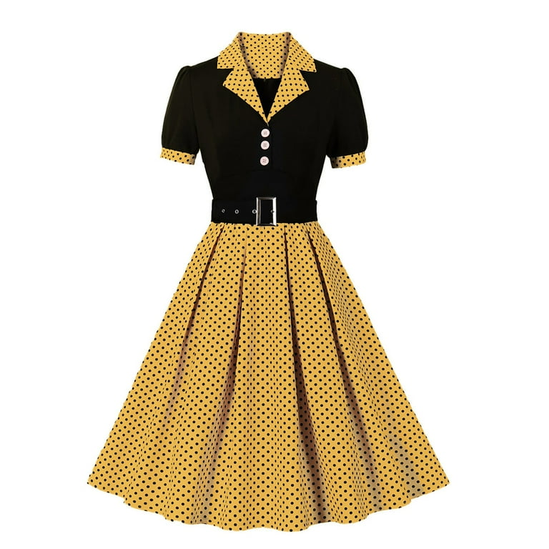 TULUDA Casual Dresses for Women Vintage Dress Cocktail Party Swing Costume 1950s Polka Dot Dress Casual A Line Work Dress With Belt Summer Dress Yellow XL Walmart