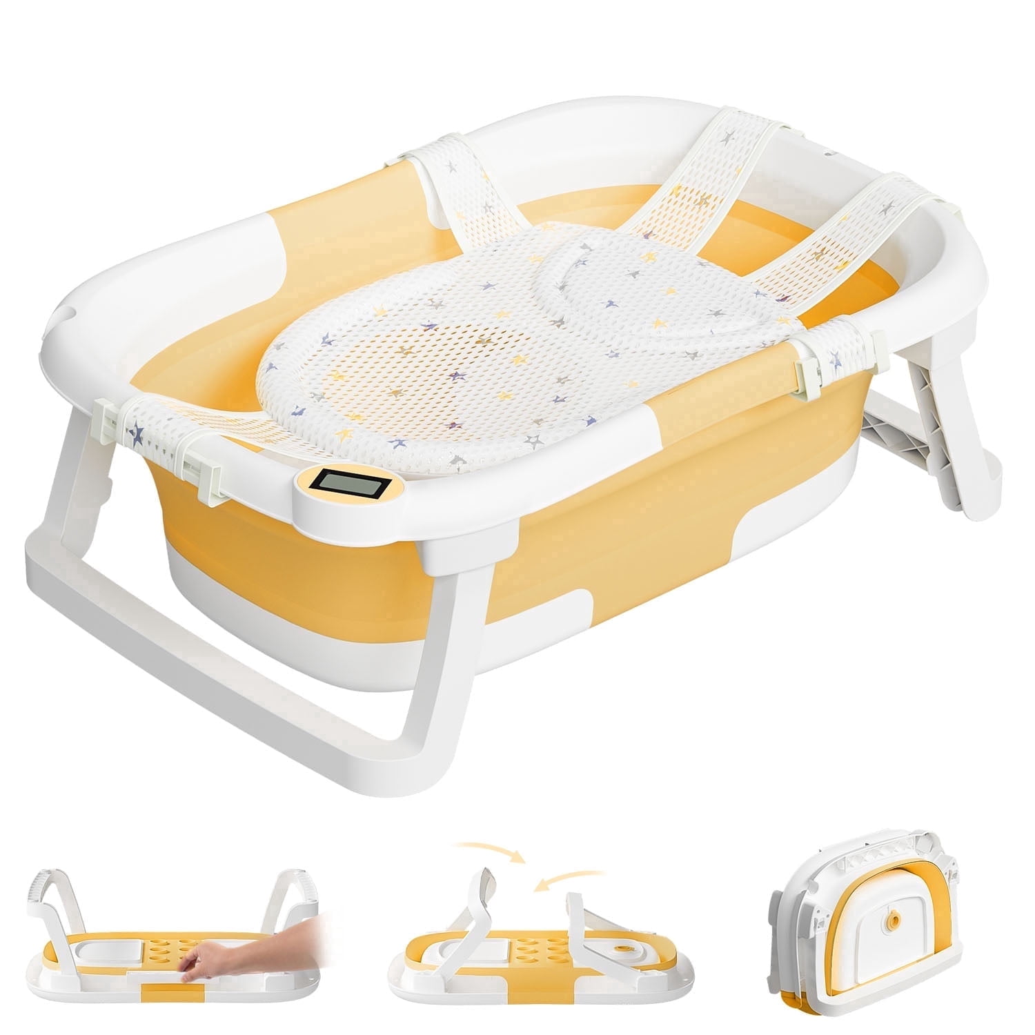 TUMAJUP Collapsible Baby Bathtub for Infants and Toddlers with Bath Net and Thermometer-Yellow
