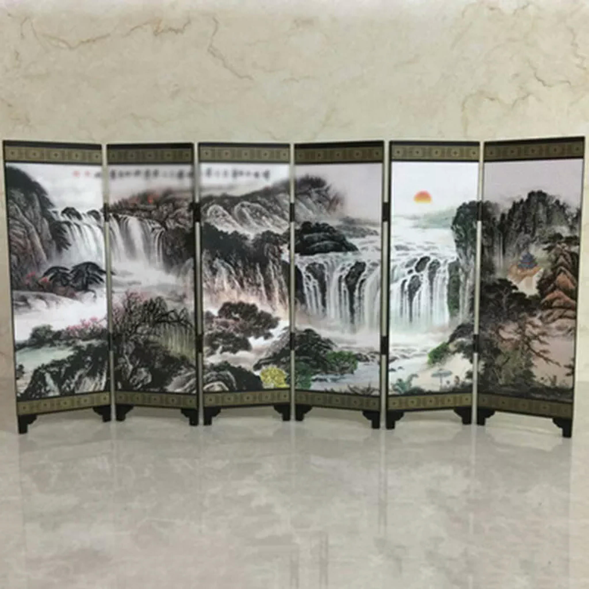 TUMALL Retro Chinese Small Mini Landscape Folding Panel Screen Room