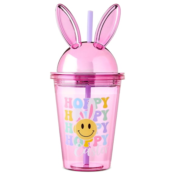 Easter Bunny Ear Lid Tumbler, Pink with Purple Straw, 17 fl oz, Smiley Face with Bunny Ears, By Way to Celebrate