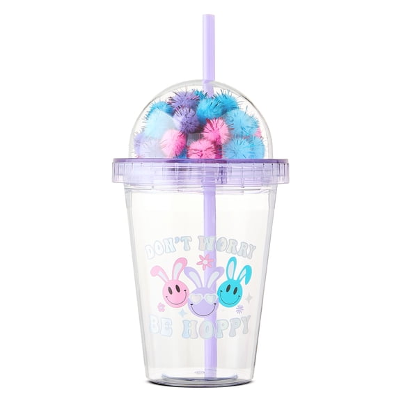 Easter Tinsel Pom Pom Purple Tumbler With Straw, Smiley Face with Bunny Ears, 17 fl oz, By Way To Celebrate