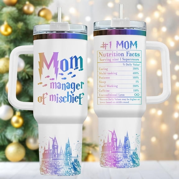 TUMBRO Mom 40oz Tumbler, Enchanted Stainless Tumbler With Handle, Magical Drinkware Gift For Mom, Christmas Coffee Cup, Black - Opaque lid