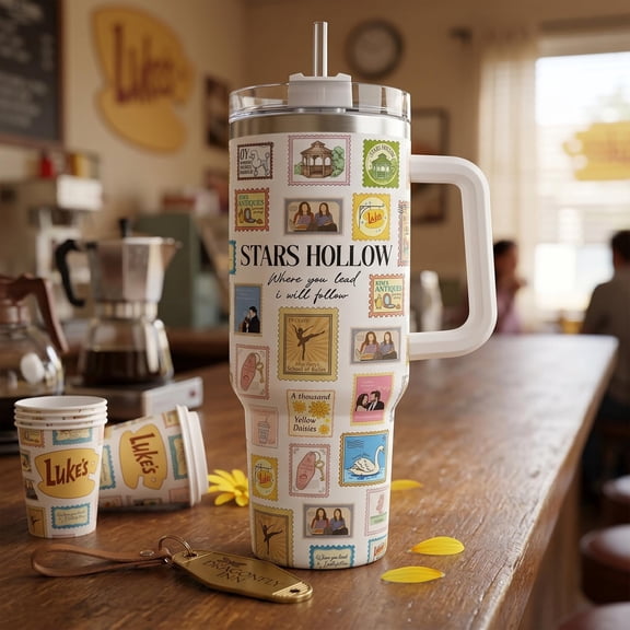 TUMBRO Stars Hollow Vintage Stamp Tumbler - Gilmore Girls Fan Gift 40oz 20oz Travel Mug with Handle - Luke's Diner Coffee Lover Cup Tumbler, Black - Clear lid