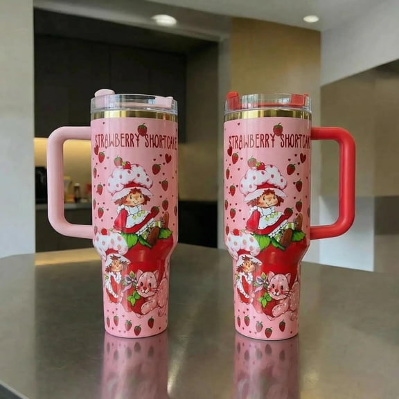 TUMBRO Strawberry Tumbler Insulated Stainless Steel Cup With Handle Birthday Christmas Gift for Women Girls, White - Clear lid