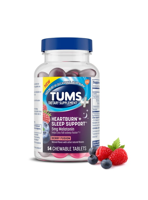 Tums+ Chewable Dietary Supplement Tablets (Chews) With Melatonin Provides Occasional Heartburn Relief and Sleep Support, Berry Fusion - 54 Count
