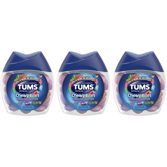TUMS Chewy Bites Heartburn Relief Chewable Antacid Tablets, Berry, 32 Count- pack of 3