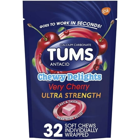 TUMS Chewy Delights Very Cherry Ultra Strength Antacid Soft Chews for Heartburn Relief 32 count