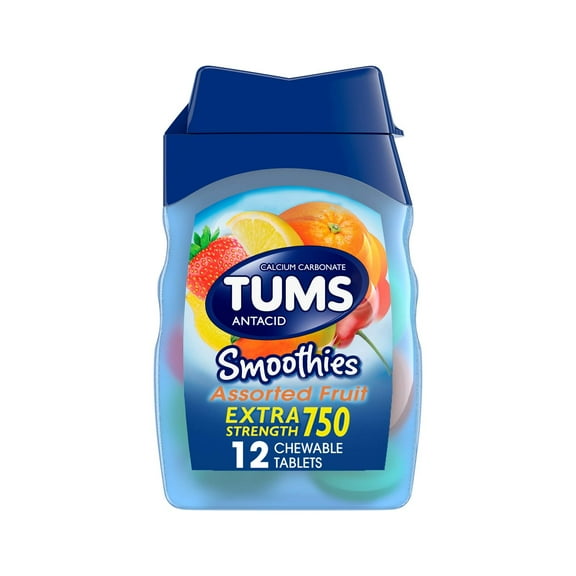 TUMS Smoothies Assorted Fruit Extra StrengthAntacid Chewable Tablets for Heartburn Relief, 12 Tablets