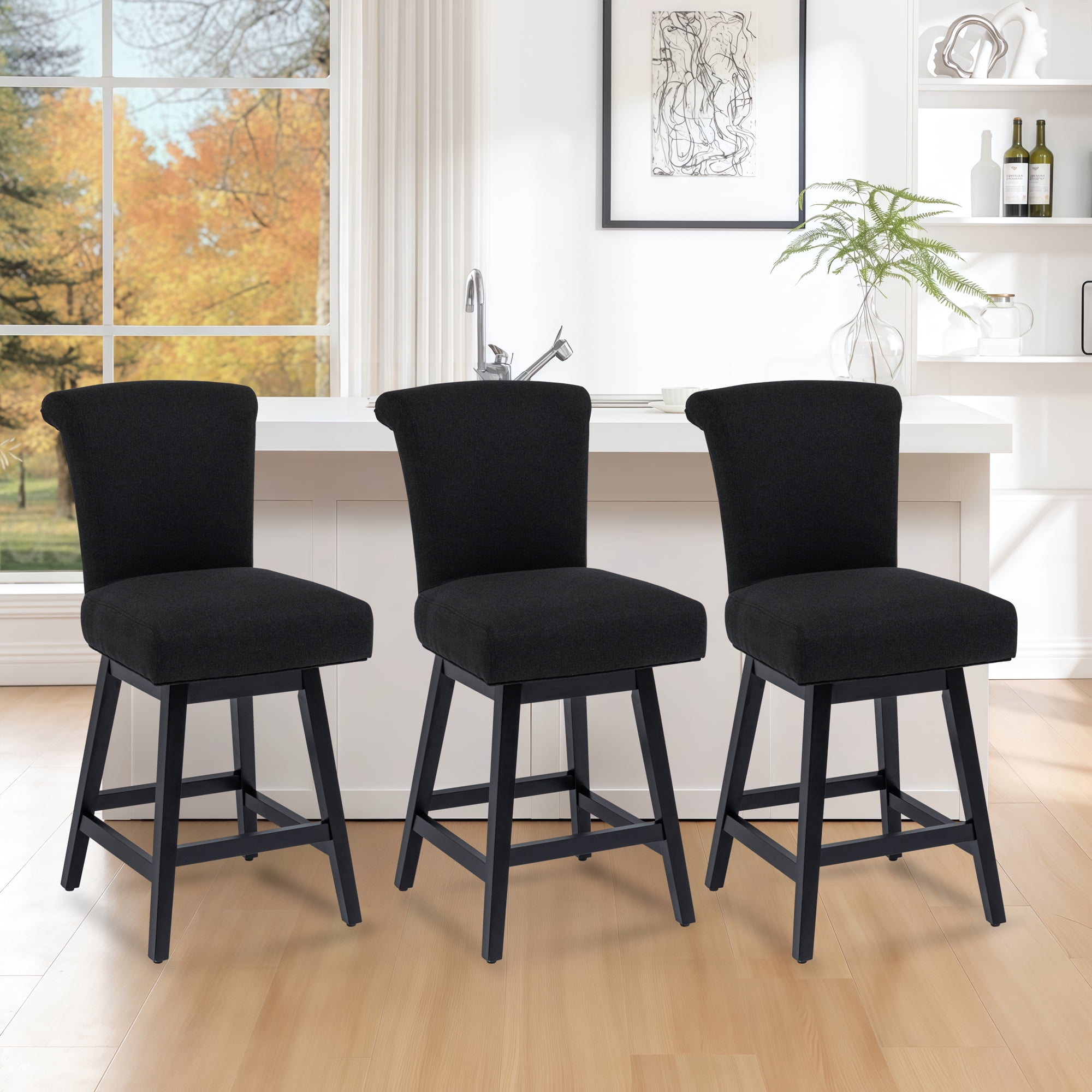TUNESET Bar Stools Set of 3, 26 Inch Upholstered Barstools with 15.7" High Back and Footrest, Swivel Counter Height Barstools for Kitchen Island Home Bar Performance Fabric Black