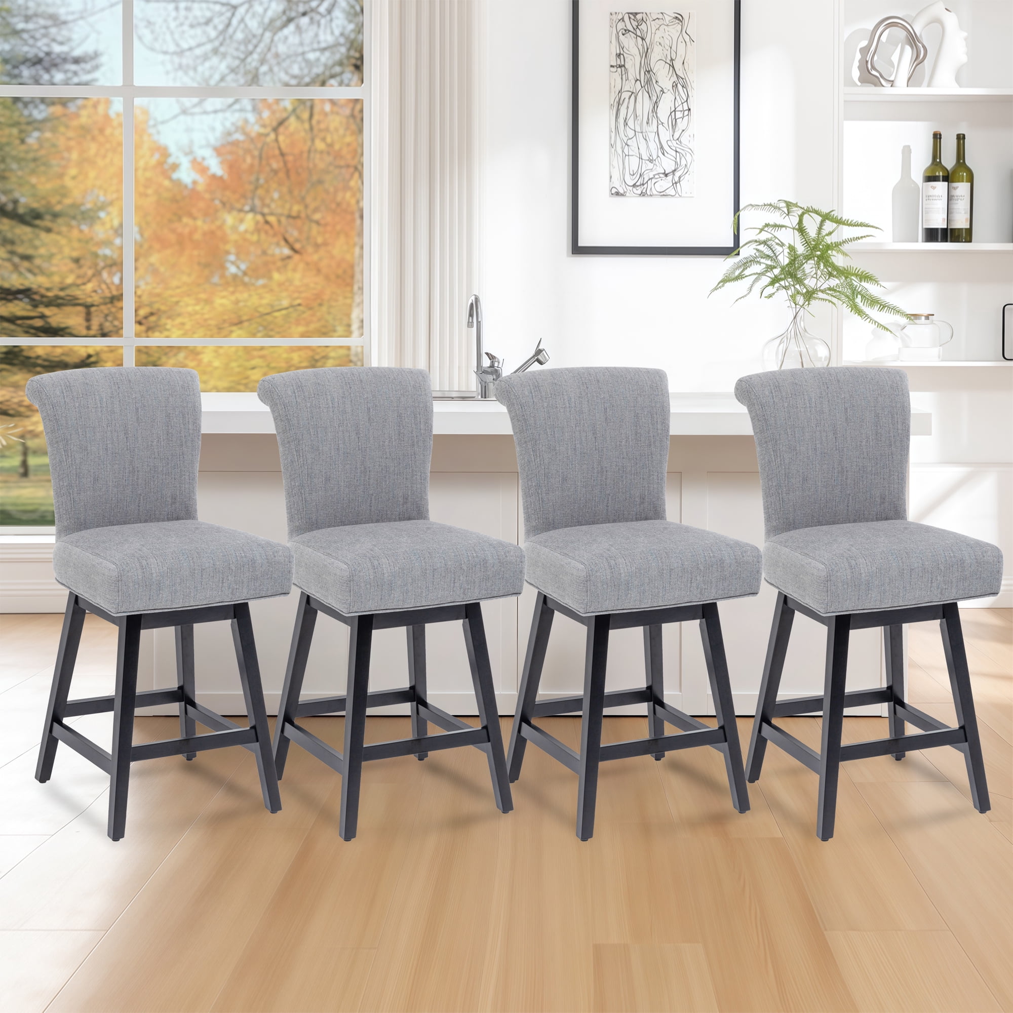 TUNESET Bar Stools Set of 4, 26 Inch Upholstered Barstools with 15.7" High Back and Footrest, Swivel Counter Height Barstools for Kitchen Island Home Bar Performance Fabric Gray