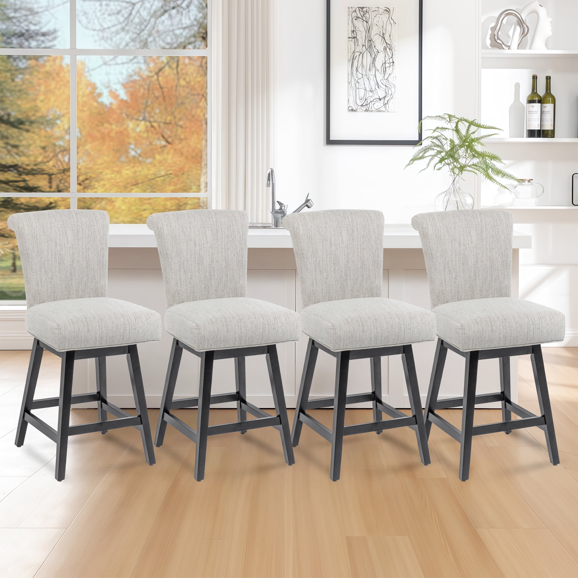 TUNESET Bar Stools Set of 4, 26 Inch Upholstered Barstools with 15.7" High Back and Footrest, Swivel Counter Height Barstools for Kitchen Island Home Bar Performance Fabric Ivory White