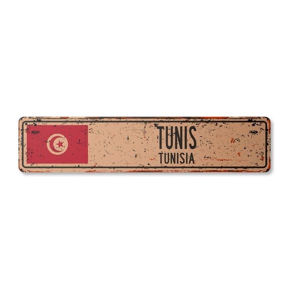 TUNIS TUNISIA Vintage Plastic Street Sign Tunisian flag city country road wall gift | Indoor/Outdoor | 30" Wide