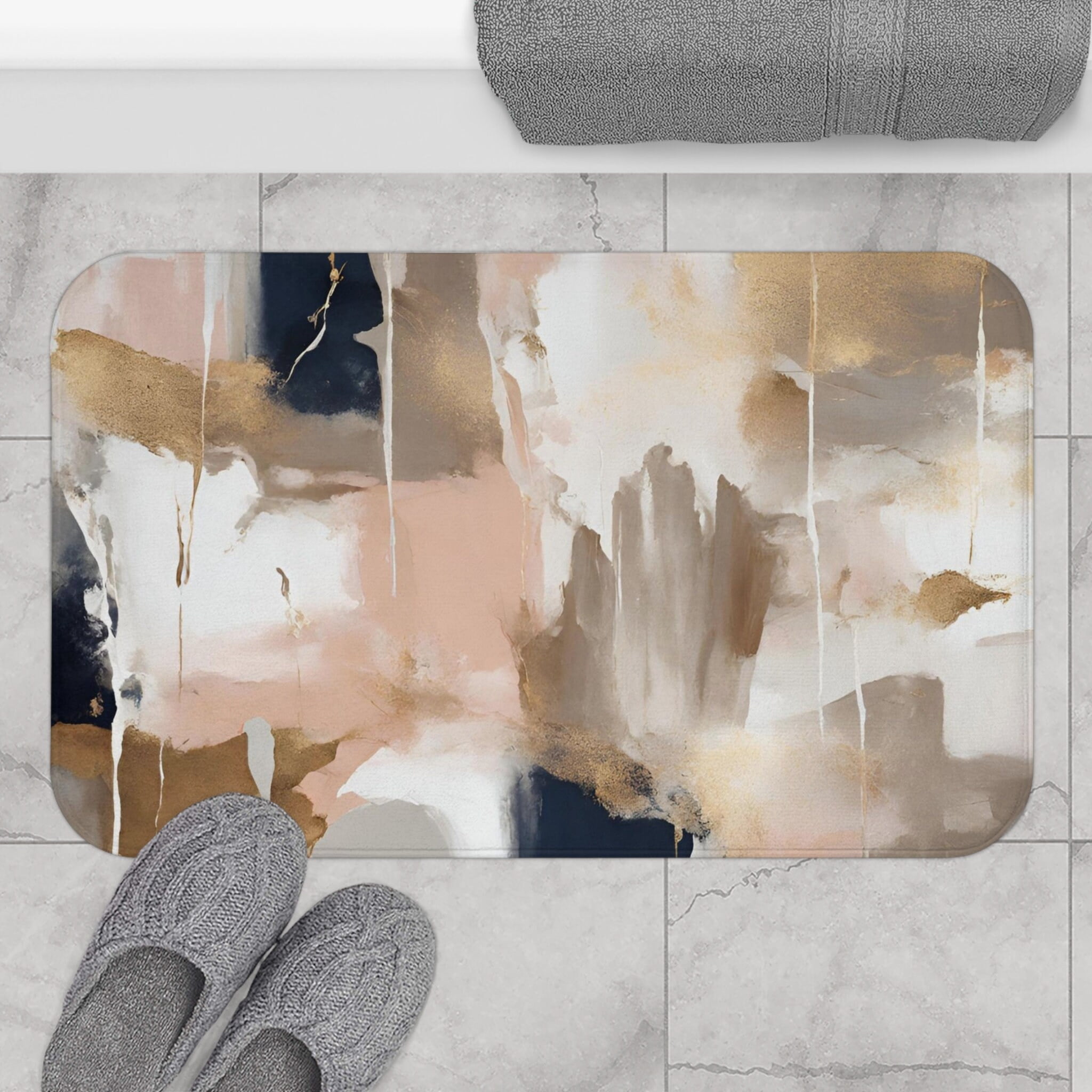 TUNIU Bohemian Bath Mats ，White Marble Print，Grey Beige Modern Abstract