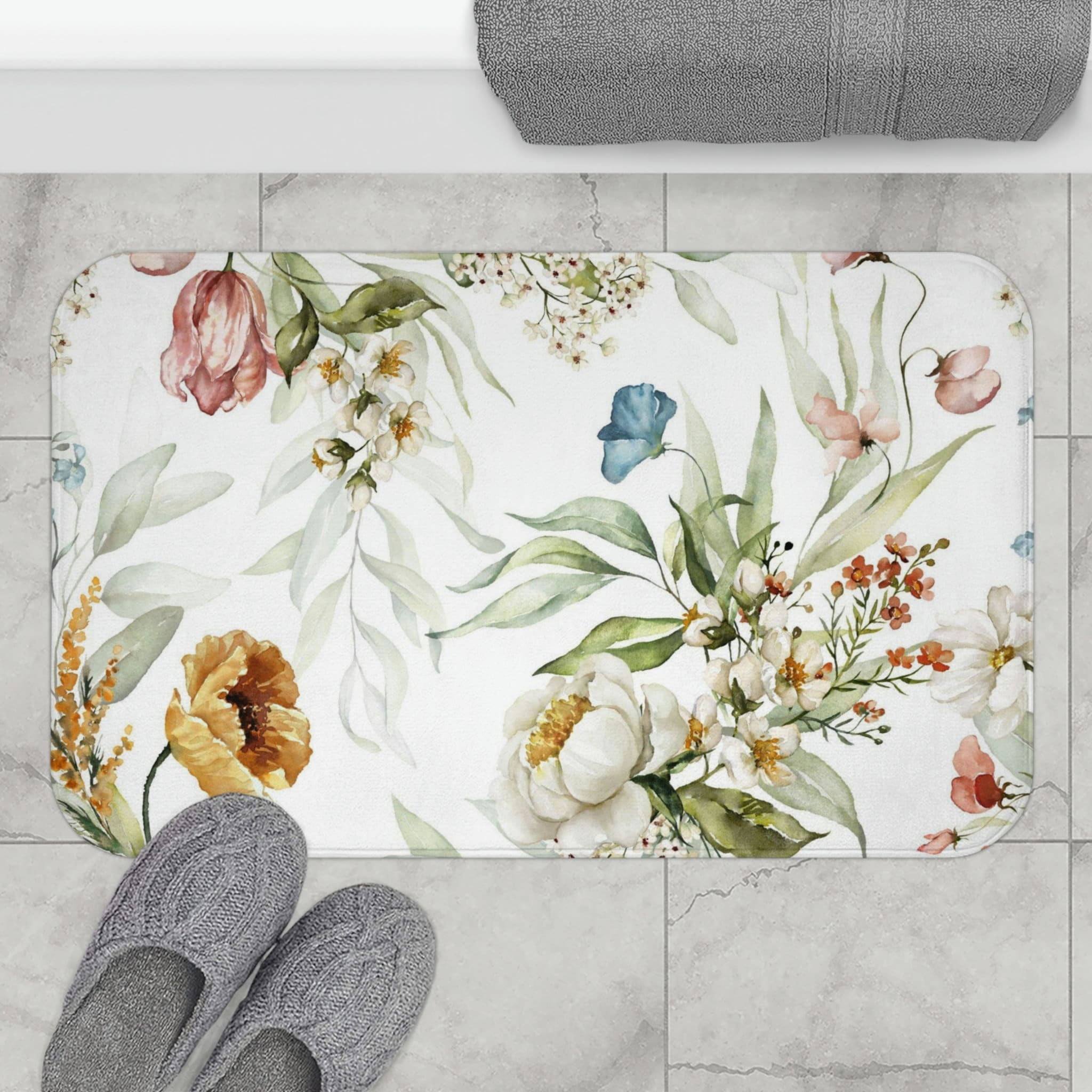 TUNIU Boho Bath Mat，Kitchen Mat，Rust Burnt Orange，Grey Black Line Art Hygge Floral，Abstract ...