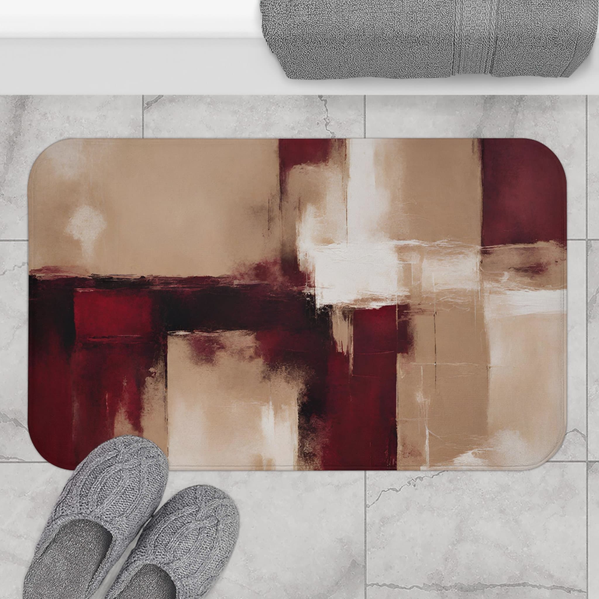 TUNIU Boho Bath Mats and Rugs Abstract Burgundy Wine Red Beige Floor