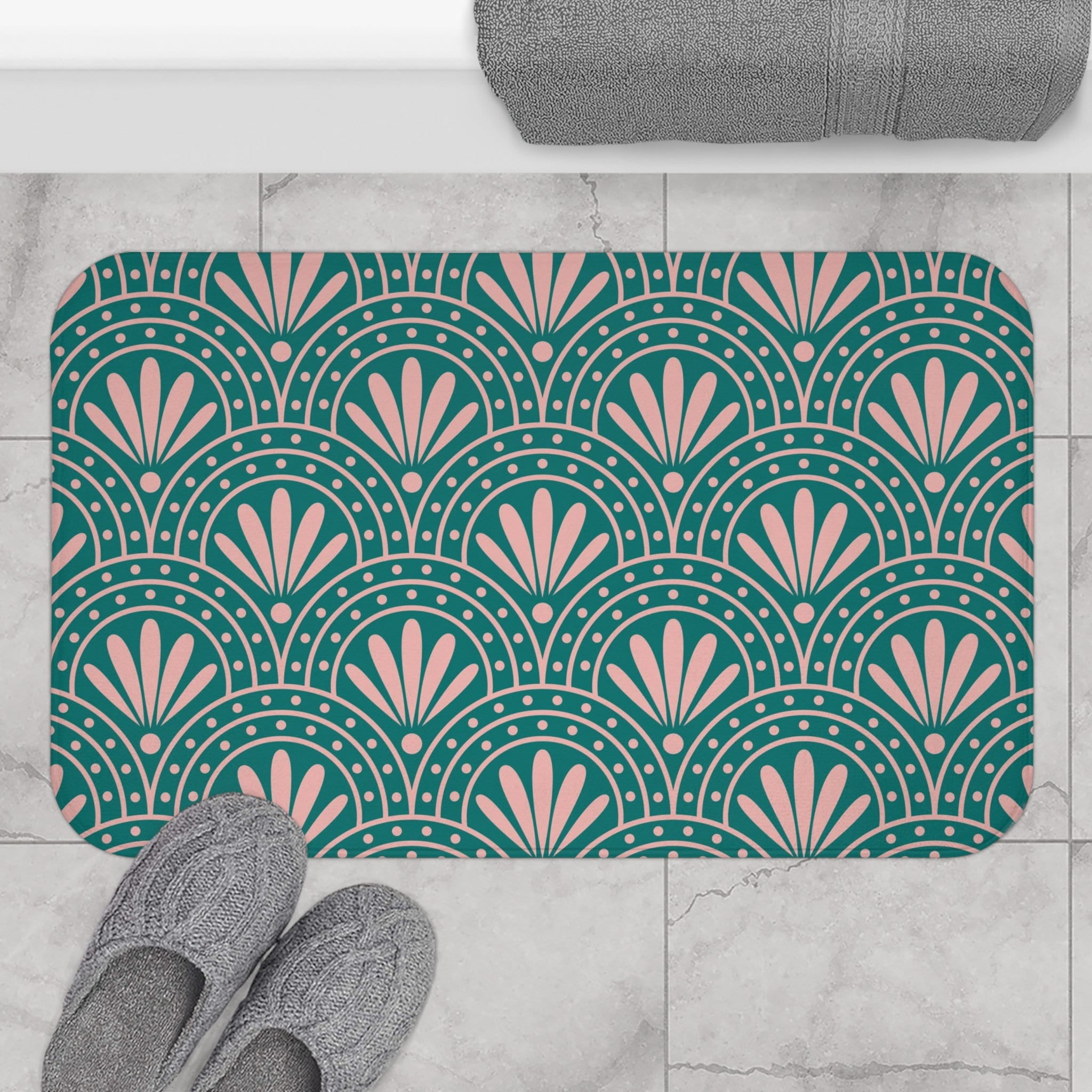 TUNIU Boho Bath Mats and Rugs Teal Pink Retro Lotus Geometric Art