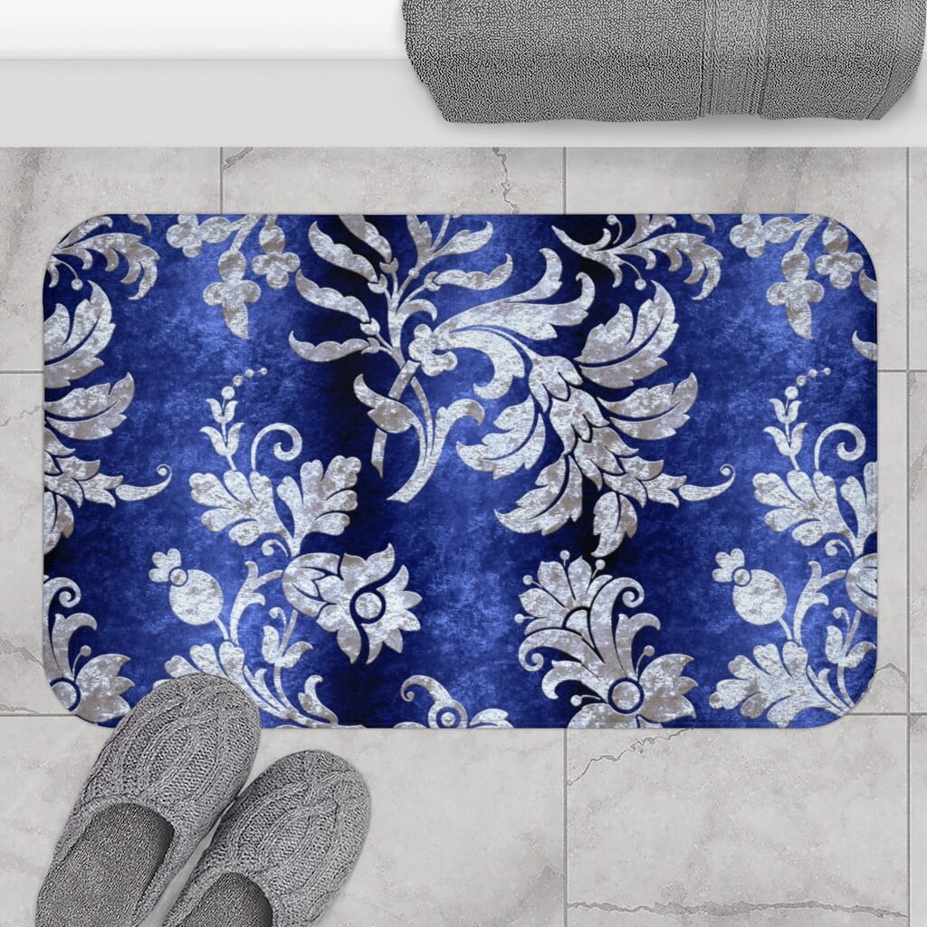 TUNIU Royal Blue Bath Mat Fancy Metallic Silver Decorative Floral Bath Mat 16x24 inch Flannel