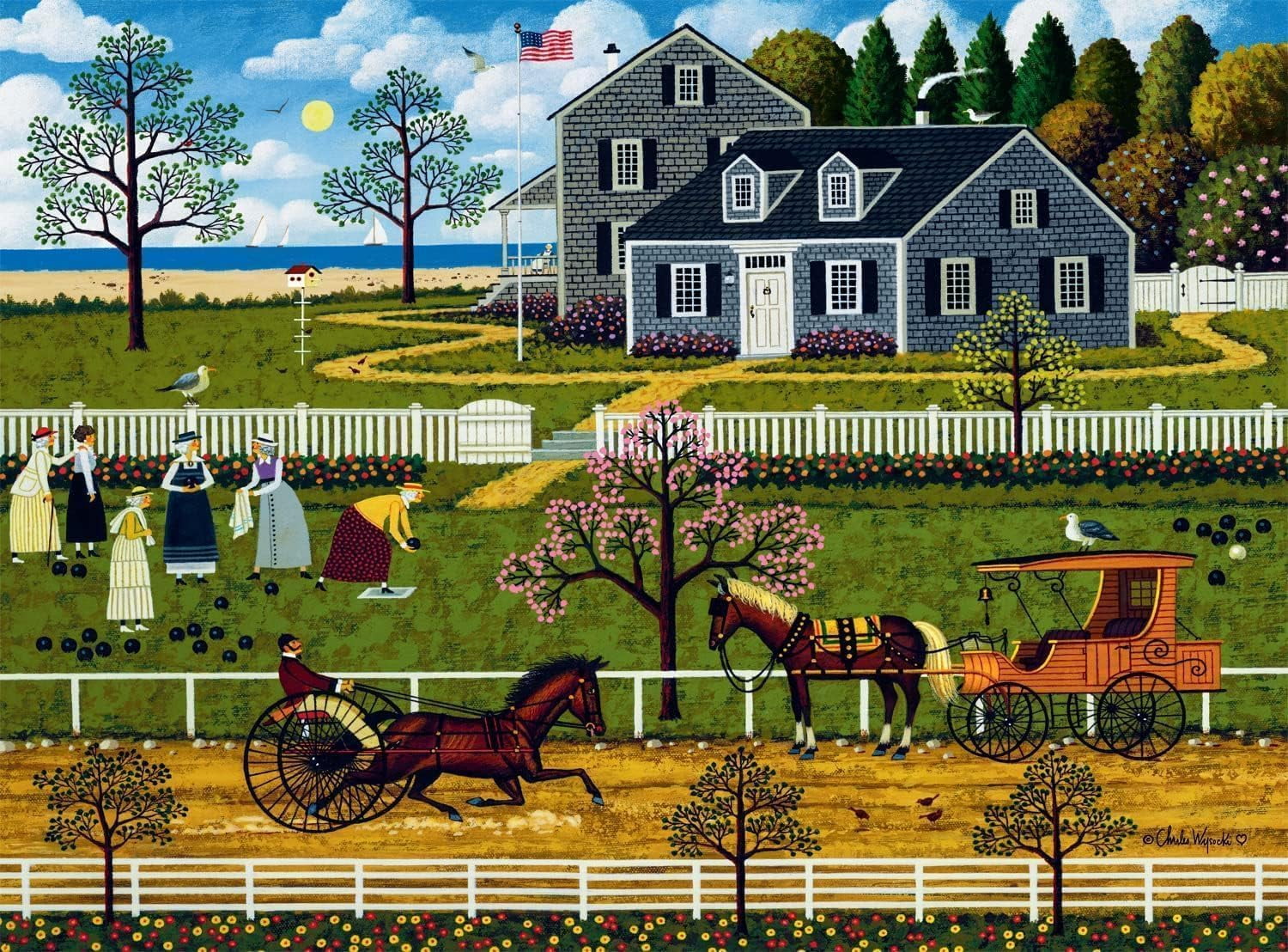 TUNIU Wooden Jigsaw Puzzle Charles Wysocki The Boccie Ladies of Martha's Vineyard for Adults
