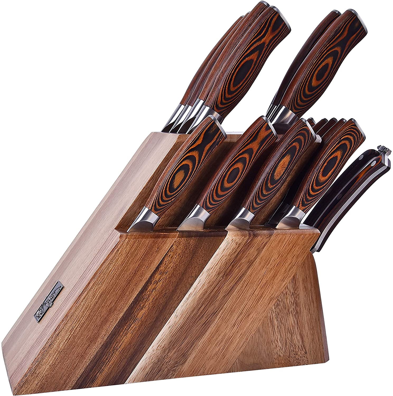 TUO 17 PCS Kitchen Knives Set - Kitchen Block Set with Steak Knife - German X50CrMov15 Steel Blade - Full Tang Pakkawood Handle - Gift Box Included - Fiery Series