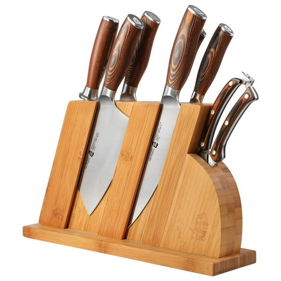 TUO Cutlery Knife Set with Wooden Block, Honing Steel and Shears-Forged HC German Steel X50CrMoV15 with Pakkawood Handle - Fiery Series 8pcs Knives Set