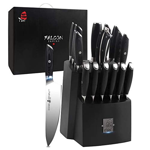 TUO Knife Block Set - 17 PCS Kitchen Knife Set with Wooden Block, Kitchen Knife Set Honing Steel and Shears - German X50CrMoV15 Steel with Full Tang Pakkawood Handle - FALCON SERIES with Gift Box
