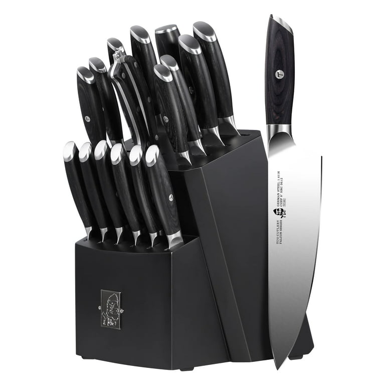 TUO Knife Block Set - 17 PCS Kitchen Knife Set with Wooden Block, Kitchen Knife  Set Honing Steel and Shears - German X50CrMoV15 Steel with Full Tang  Pakkawood Handle - FALCON SERIES