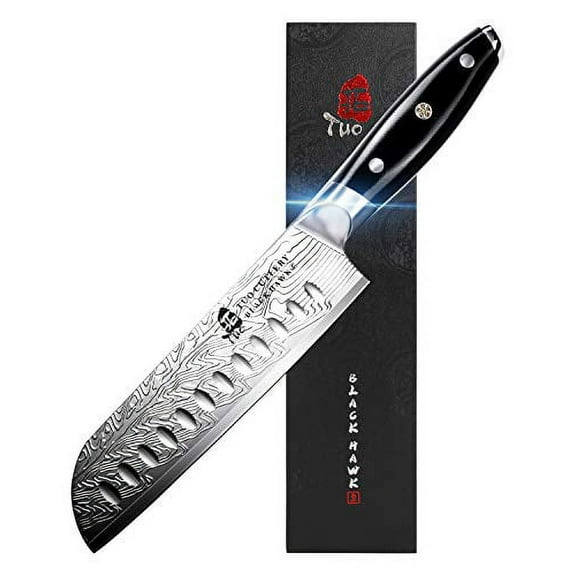 TUO Santoku Knife - Japanese Chef Knife 7-inch High Carbon Stainless Steel - Kitchen Knives with G10 Full Tang Handle - Black Hawk-S Knives Including Gift Box