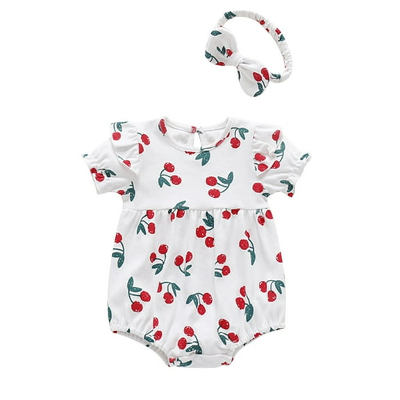 TUOBARR Newborn Infant Baby Girls Print Ruched Romper Bodysuit Hairband Clothes Outfits White (3-24Months)