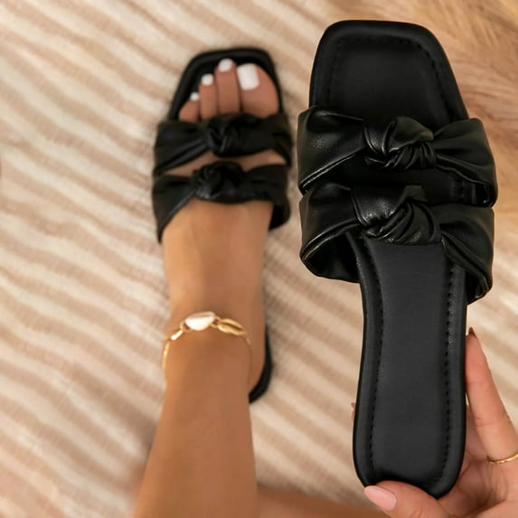 TUOBARR Sandals Women Slip and Slide, Womens Flat H-Band Slide Sandal Flat Sandal Black