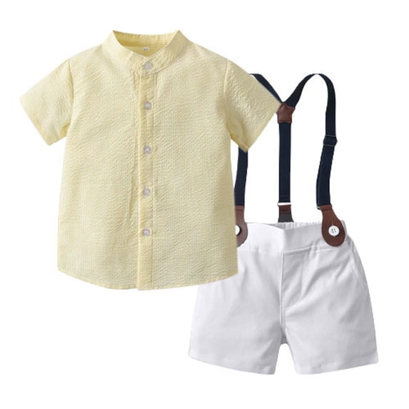 TUOBARR Set Clothes for Toddler Boy,Baby Boys Gentleman Outfit Suits,Infant Boys Short Pants Set, Short Sleeve Shirt+Suspender Pants+Bow Tie Yellow 5 Years